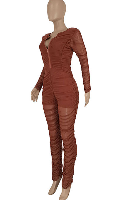 Black Women Fashion Sexy Mesh Spaghetti Long Sleeve Zipper Ruffle Bodycon Jumpsuits FFE186-3