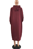 Wine Red Cotton Blend Casual Pure Color Long Sleeve Loose Hooded Dress H1726-1