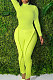 Neon Green Simple Wholesale Long Sleeve High Neck Bodycon Tops Pencil Pants Slim Fitting Sets L0363-3