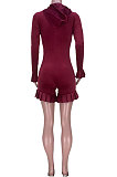 Red Women Sexy V Collar Casual Eyelet Bandage Solid Color Flounce Hooded Romper Shorts MDF5262-1