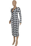 White Women Fashion Sexy Tight Long Sleeve V Collar Printing Midi Dress FFE181
