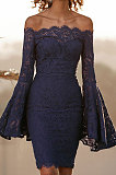 Wine Red Sexy Fashion A Wrod Shoulder Horn Sleeve Lace Strapless Hip Dress QZ3072-1