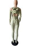Red Casual Cotton Blend Off Shoulder Long Sleeve Back Bandage Hoodie High Waist Slit Ruffle Pants Solid Color Sets WM21907-2
