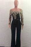 Wine Red Bodycon Long Sleeve Embroidered Lace Patchwork Strapless Wide Leg Jumpsuits QZ3227-1