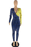 Blue Yellow Wholesale Contarstcolor Spliced Letter Printing Long Sleeve V Collar Beltband Bodycon Jumpsuits TL6611-1
