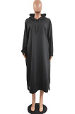 Wine Red Cotton Blend Casual Pure Color Long Sleeve Loose Hooded Dress H1726-1