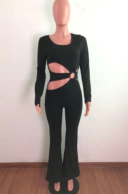 Red Sexy Cotton Blend Pure Color Long Sleeve Hollow Out Wide Leg Jumpsuits QZ6128-2