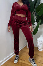 Wine Red Casual Velvet Pure Color Long Sleeve Zip Front Hoodie High Waist Elasticbelt Sweat Pants Sets SY8826-1