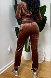 Grey Casual Velvet Pure Color Long Sleeve Zip Front Hoodie High Waist Elasticbelt Sweat Pants Sets SY8826-5