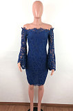 Navy Blue Sexy Fashion A Wrod Shoulder Horn Sleeve Lace Strapless Hip Dress QZ3072-2
