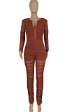 Brown Women Fashion Sexy Mesh Spaghetti Long Sleeve Zipper Ruffle Bodycon Jumpsuits FFE186-1