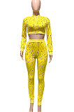 Orange Women Autumn Hole Zipper Tops Coat Pure Color Mid Waist Pants Sets Q964-2