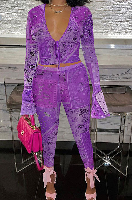 Purple Euramerican Women Fashion Sexy Mesh Spaghetti Printing Horn Sleeve Pants Sets FFE180-2
