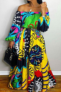 Multicolor Printing Wholesale Women A Wrod Shoulder Puff Sleeve Collect Waist Swing Maxi Dress BDF8098