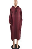 Wine Red Cotton Blend Casual Pure Color Long Sleeve Loose Hooded Dress H1726-1