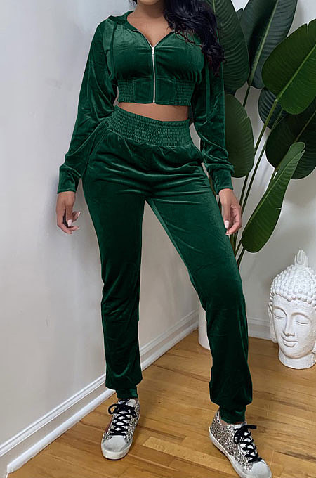 Wine Red Casual Velvet Pure Color Long Sleeve Zip Front Hoodie High Waist Elasticbelt Sweat Pants Sets SY8826-1