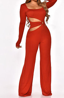 Red Sexy Cotton Blend Pure Color Long Sleeve Hollow Out Wide Leg Jumpsuits QZ6128-2