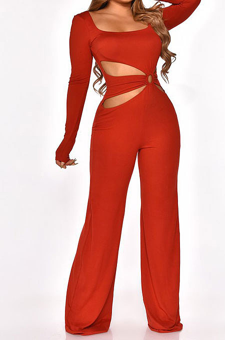 Red Sexy Cotton Blend Pure Color Long Sleeve Hollow Out Wide Leg Jumpsuits QZ6128-2