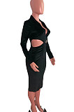 Army Green Fashion Velvet Elastic Long Sleeve Deep V Neck Hollow Out Wrap Dress QZ7004-1