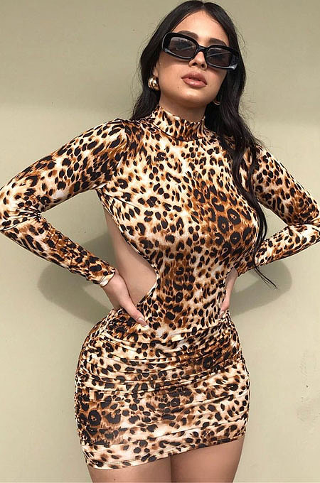 Leopard Women Sexy Backless Long Sleeve Half Turtle Neck Bodycon Mini Dress FFE182