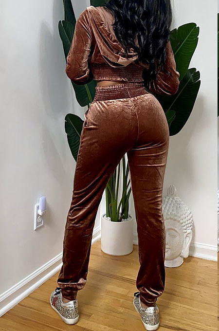 Wine Red Casual Velvet Pure Color Long Sleeve Zip Front Hoodie High Waist Elasticbelt Sweat Pants Sets SY8826-1