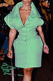 Green Women Stand Collar High Waist Warm Solid Mini Dress HLR19374