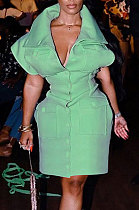 Green Women Stand Collar High Waist Warm Solid Mini Dress HLR19374