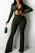 Green Sexy Club Ribber Long Sleeve Cardigan Strapless Hollow Out Flare Jumpsuits QZ6129-1