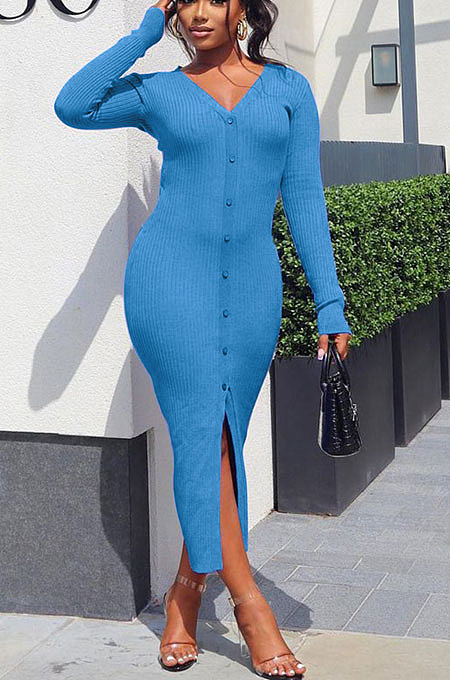 Black Women Ribber Split Long Sleeve V Collar Single-Breasted Solid Color Bodycon Sexy Midi Dress Q969-3