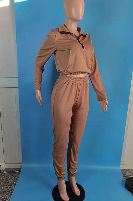 Rose Red Autumn Winter Long Sleeve Zip Front Jumper Mid Waist Ankle Banded Pants Sport Sets TC089-2