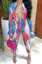 Blue Euramerican Women Gradient Sexy Bandage Hollow Out Crop Bodycon Jumpsuits BYQ1033-1