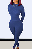 Black Wholesale Newest Ribber Long Sleeve O Neck T-Shirts Bodycon Pants Slim Fitting Solid Color Sets TC095-5