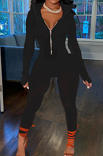 Black Wholesale Pure Color Long Sleeve Zip Front Tops Trousers Slim Fitting Sport Sets TC043-6