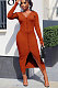 Orange Women Ribber Split Long Sleeve V Collar Single-Breasted Solid Color Bodycon Sexy Midi Dress Q969-2
