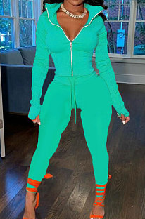 Cyan Wholesale Pure Color Long Sleeve Zip Front Tops Trousers Slim Fitting Sport Sets TC043-1
