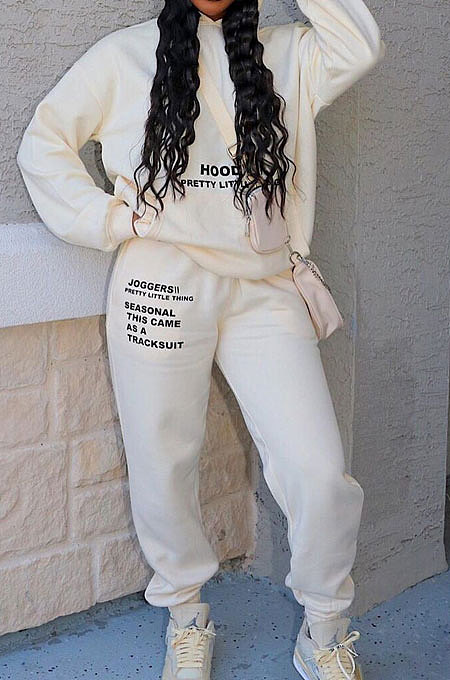 Beige Casual Autumn Winter Letter Printing Long Sleeve Hoodie Sweat Pants Sets TC042-1