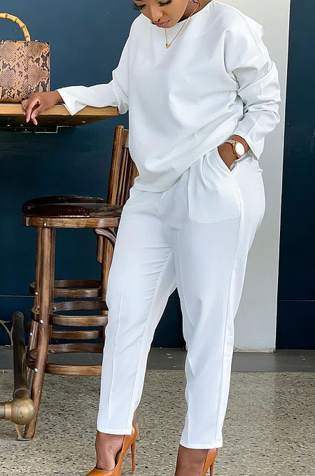 White Simple Wholesale Long Sleeve Round Neck T-Shirts Trousers Solid Color Sets BBN202-2