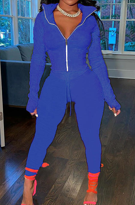Drak Blue Wholesale Pure Color Long Sleeve Zip Front Tops Trousers Slim Fitting Sport Sets TC043-5