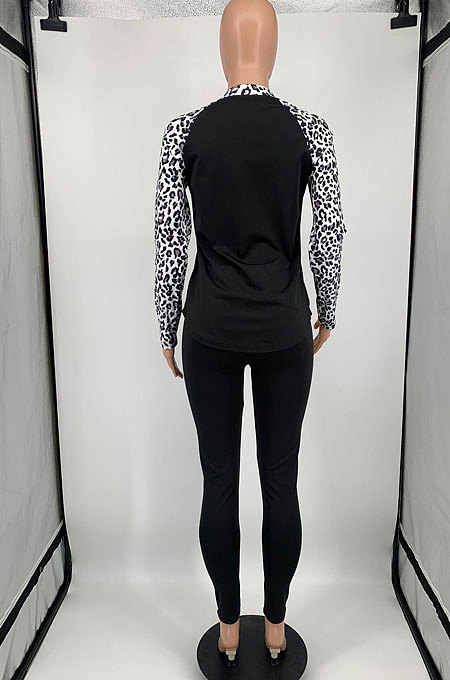 Rose Red Cotton Blend Leopard Print Spliced Long Sleeve Round Neck T-Shirts Pencil Pants Sport Sets YM220-3