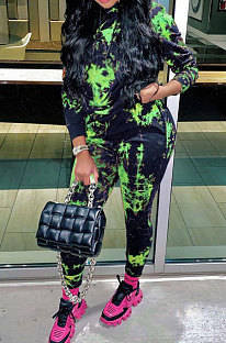 Green Cotton Blend Simple Tie Dye Printing Long Sleeve Hoodie Trousers Sport Sets TC046-3