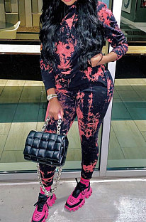 Red Cotton Blend Simple Tie Dye Printing Long Sleeve Hoodie Trousers Sport Sets TC046-1
