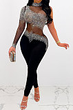 White Woemn Autumn Winter Sexy Coloured Diamond Perspectivity Bling Bling Bodycon Jumpsuits Q966-1