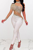 White Woemn Autumn Winter Sexy Coloured Diamond Perspectivity Bling Bling Bodycon Jumpsuits Q966-1