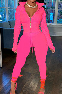 Pink Wholesale Pure Color Long Sleeve Zip Front Tops Trousers Slim Fitting Sport Sets TC043-7
