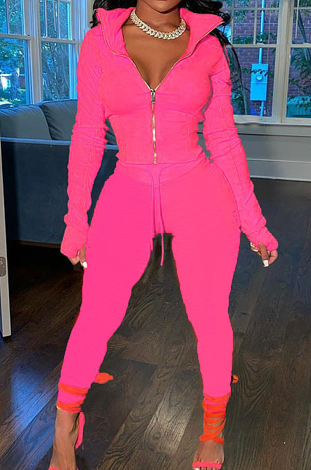 Pink Wholesale Pure Color Long Sleeve Zip Front Tops Trousers Slim Fitting Sport Sets TC043-7
