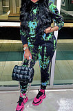 Blue Cotton Blend Simple Tie Dye Printing Long Sleeve Hoodie Trousers Sport Sets TC046-2