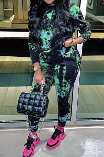 Blue Cotton Blend Simple Tie Dye Printing Long Sleeve Hoodie Trousers Sport Sets TC046-2