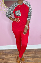 Red Cotton Blend Leopard Print Spliced Long Sleeve Round Neck T-Shirts Pencil Pants Sport Sets YM220-1