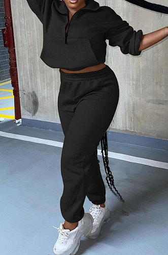 Black Autumn Winter Long Sleeve Zip Front Jumper Mid Waist Ankle Banded Pants Sport Sets TC089-4