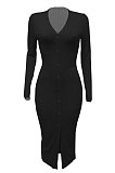 Orange Women Ribber Split Long Sleeve V Collar Single-Breasted Solid Color Bodycon Sexy Midi Dress Q969-2